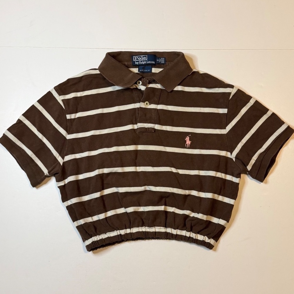 Vtg Polo Ralph Lauren Cropped Polo Shirt Womens S Brown Striped Custom Fit